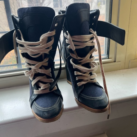 Zadig & Voltaire Spr- Sum 2019 Blue Denim and Dark Blue Leather Sneaker Wedges - Picture 4 of 13